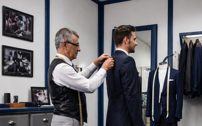 Sastre tomando medidas en la espalda de un cliente frente a un espejo